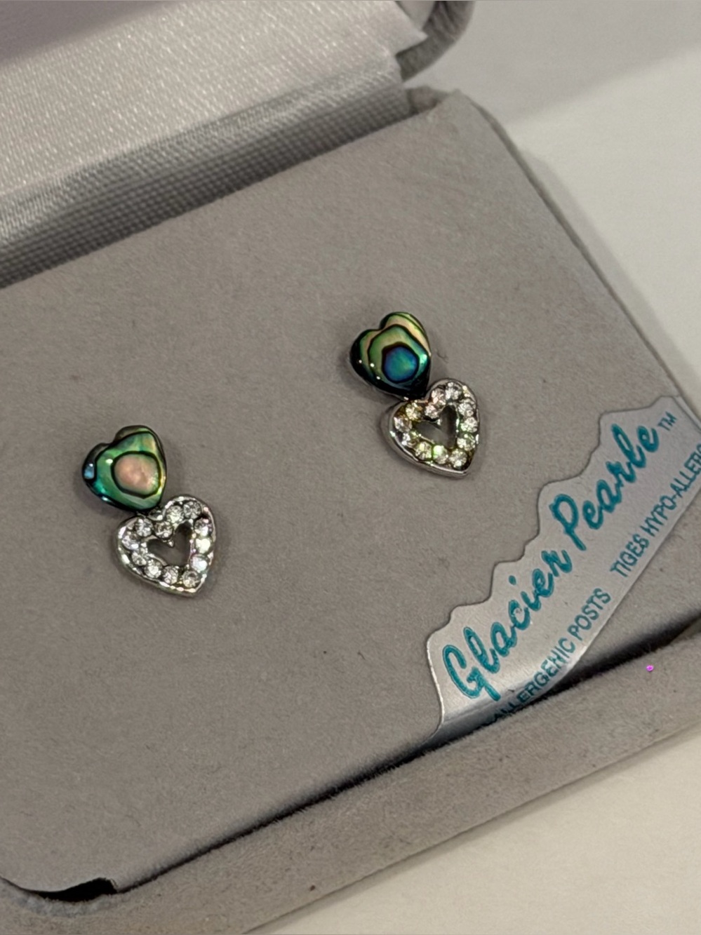 Glacier Pearle First Kiss Earrings Abalone and Crystal Hearts A.T. Storrs NEW
